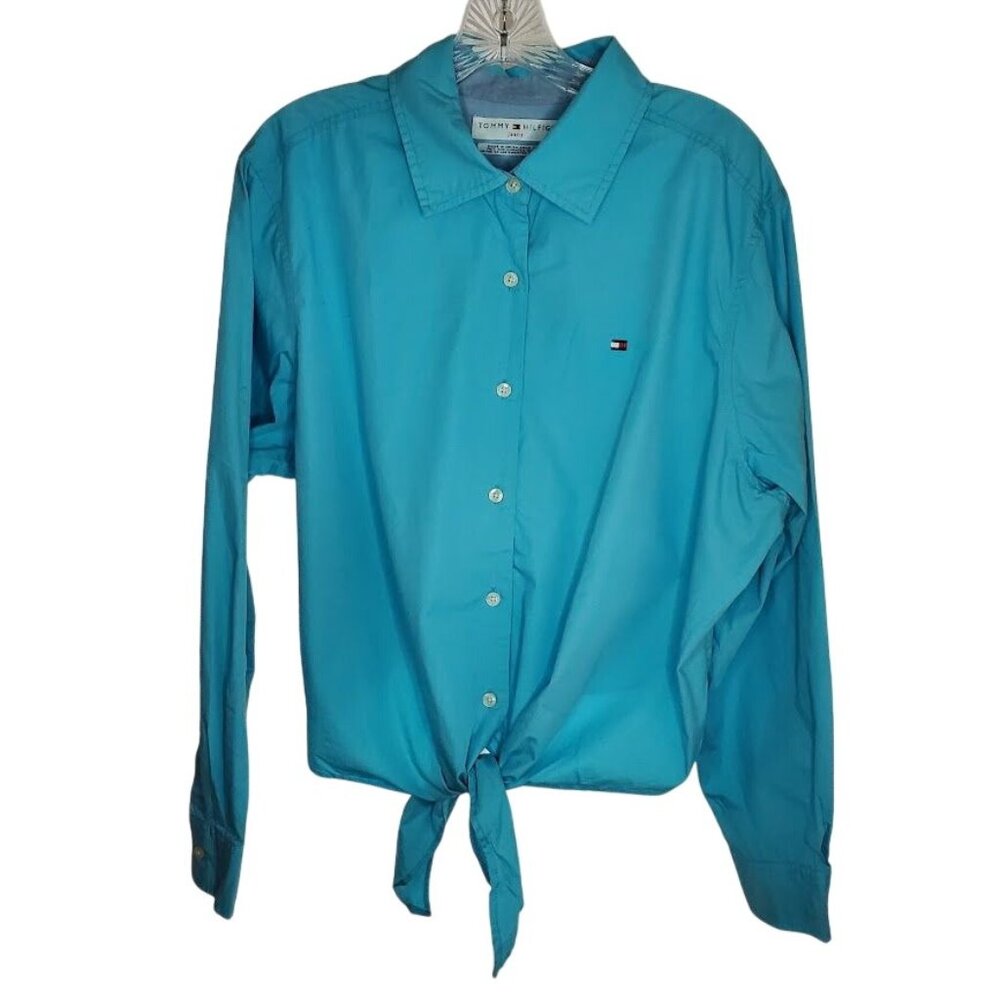 Tommy Hilfiger Jeans Button Front Tie Hem Shirt 2X Turquoise Cotton